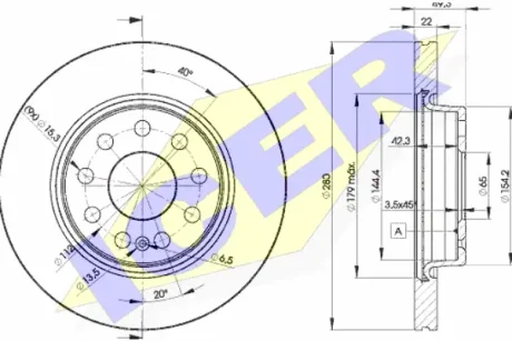 Диск гальмівний (передній) Audi A3/Seat Leon/Skoda Octavia/VW Caddy/Golf 04- (280x22)(з покр.)(вент.) ICER 78BD5614-2