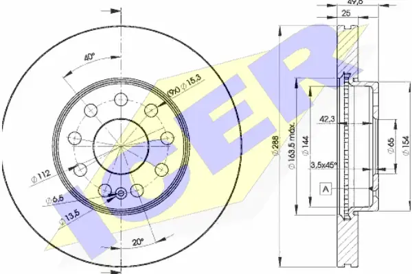 Диск гальмівний (передній) Audi A3/Skoda Octavia/VW Caddy/Golf/Touran 03- (288x25)(з покр.)(вентил.) ICER 78BD5615-2 (фото 1)
