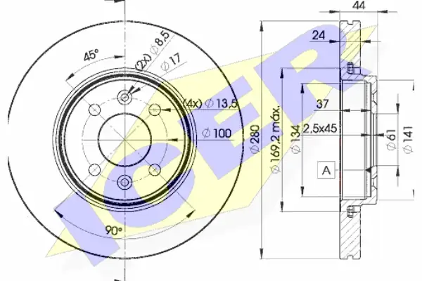 Диск гальмівний (передній) Renault Kangoo 01-/Megane 96-/Scenic 99-/Clio 00-14 (280x24)(з покр)(вент) ICER 78BD7829-2 (фото 1)