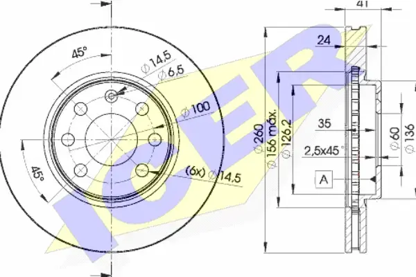 Диск гальмівний (передній) Opel Combo 01-/Corsa C 00-09/Meriva A 03-10 (260x24) (з покр.) (вентильований) ICER 78BD9000-2 (фото 1)