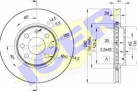 Диск гальмівний (передній) Opel Combo 01-/Corsa C 00-09/Meriva A 03-10 (260x24) (з покр.) (вентильований) ICER 78BD9000-2