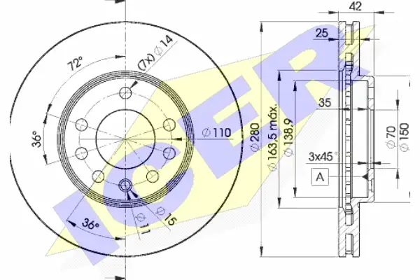 Диск гальмівний (передній) Opel Combo 04-/Astra G/H/Zafira A/B 98-15 (280x25)(з покр.)(вентильований) ICER 78BD9060-2 (фото 1)