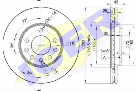 Диск гальмівний (передній) Opel Combo 04-/Astra G/H/Zafira A/B 98-15 (280x25)(з покр.)(вентильований) ICER 78BD9060-2