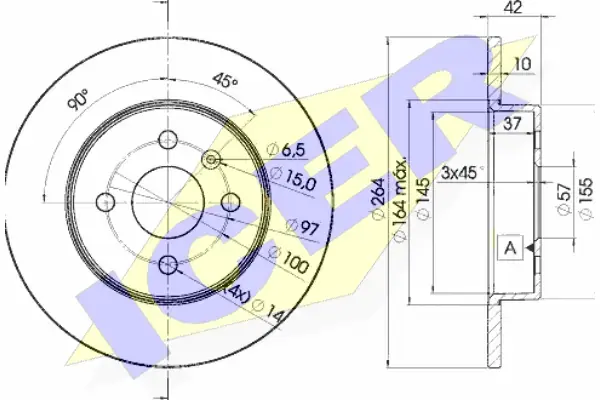 Диск гальмівний (задній) Opel Combo 01-/Astra H/Meriva A 05-10 (264x10) (повний) ICER 78BD9116-2 (фото 1)