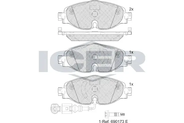 Колодки гальмівні (передні) Audi Q2L e-Tron 19-/VW Golf VII e-golf 14-21 (+датчик) ICER EV2111 (фото 1)