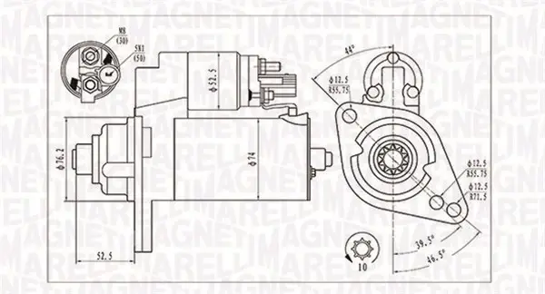 Стартер VW Caddy/T5 1.9TDI 03- (2kw) (z=10) MAGNETI MARELLI 063721293010 (фото 1)