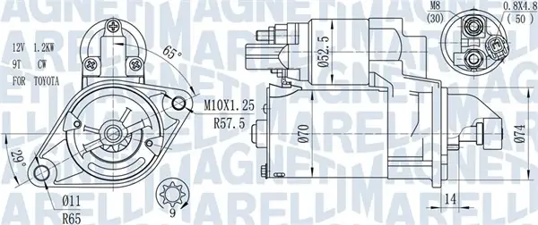 Стартер Toyota Avensis/Corolla/Rav4/Yaris 1.2-2.0 05-19 (1.2 kw) (z=9) MAGNETI MARELLI 063721450010 (фото 1)