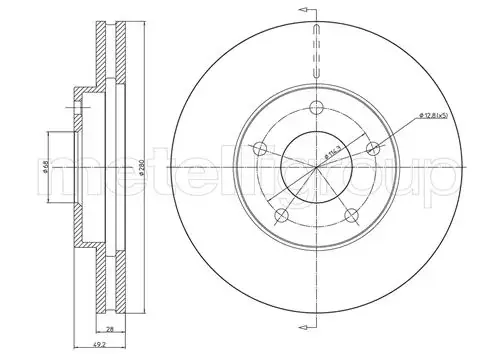Диск гальмівний (передній) Nissan Almera Tino 00-06/Primera 02-/X-Trail 01-13 (280x28) (з покр)(вент) METELLI Metelli 23-0764C (фото 1)