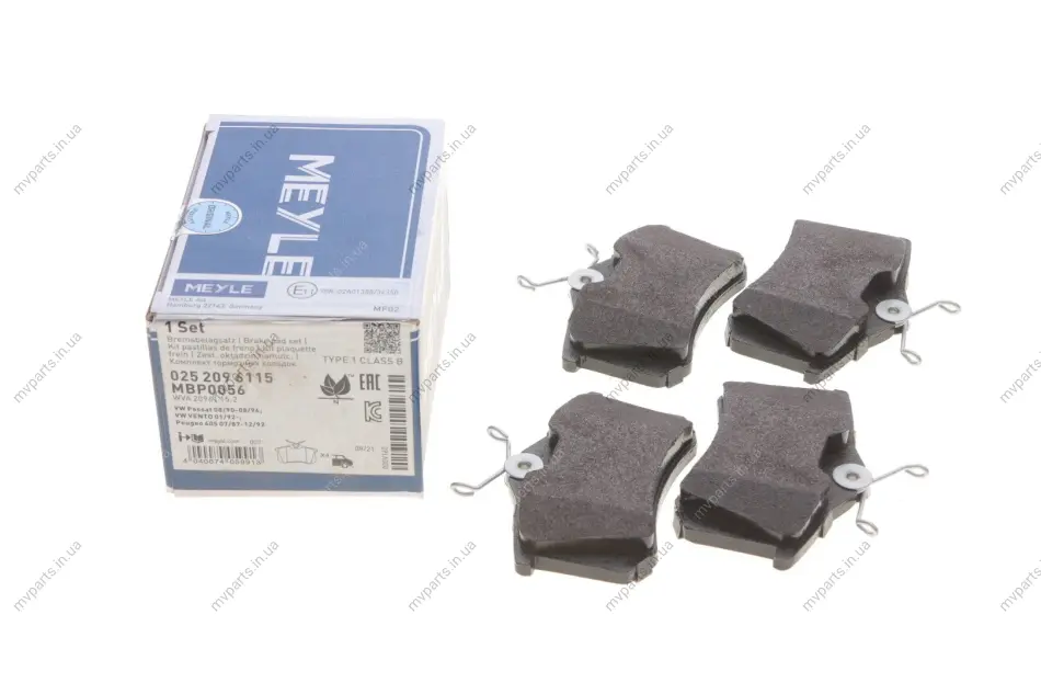 Колодки гальмівні (задні) VW Golf/Passat 83-02/ Peugeot 405 87-96 (87.1x52.8x15.1) 025 209 6115 MEYLE 025-209-6115 (фото 1)