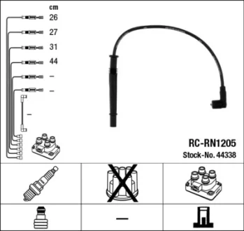 Проводи запалювання (к-кт) Renault Clio/Kangoo II/III 1.2 16V 01- (RC-RN1205) NGK 44338