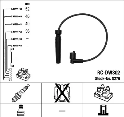 Проводи запалювання (к-кт) Chevrolet Aveo/Daewoo Lanos 1.4/1.6 16V 97- (RC-DW302) NGK 8276 (фото 1)