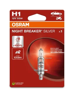 Лампа фарна H1 12V 55W P14,5s NIGHT BREAKER SILVER (+100) blister (вир-во) OSRAM 64150NBS-1BL