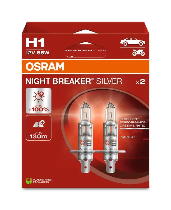 Лампа фарна H1 12V 55W P14,5s NIGHT BREAKER SILVER (+100) компл (вир-во) OSRAM 64150NBS-2HB (фото 1)
