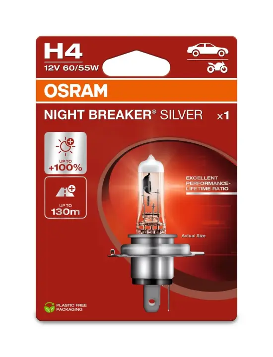 Лампа фарна H4 12V 60/55W P43t NIGHT BREAKER SILVER (+100) blister (вир-во) OSRAM 64193NBS-1BL (фото 1)