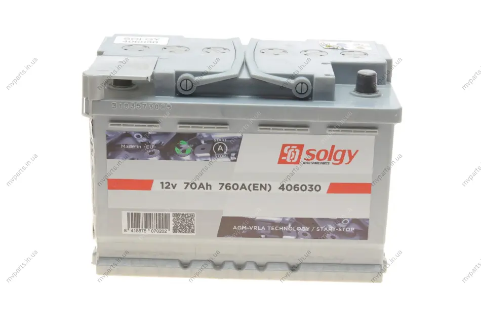 Акумуляторна батарея 70Ah/760A (278x175x190/+R/B13) (Start-Stop AGM) SOLGY Solgy 406030 (фото 1)