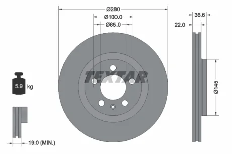 Диск гальмівний (передній) Skoda Octavia/VW Golf IV (280x22) PRO+ TEXTAR 92082305
