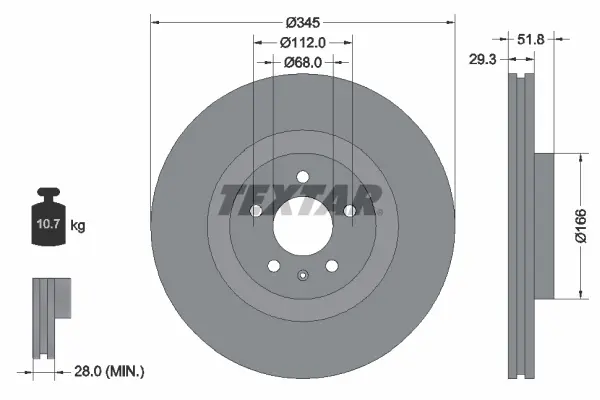 Диск гальмівний (передній) Audi A4 07-15/A5 07-17/Q5 08- (345х29.3) PRO+ TEXTAR 92160205 (фото 1)