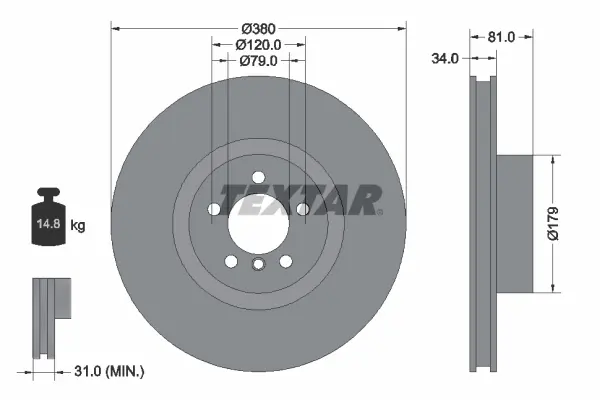 Диск гальмівний (передній) Land Rover Range Rover 4.4D/5.0i 4x4 09-12 (380x34) PRO+ TEXTAR 92233905 (фото 1)