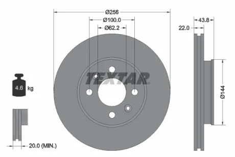 Диск гальмівний (передній) Kia Rio III/Hyundai Accent 11- (256x22) PRO TEXTAR 92237903