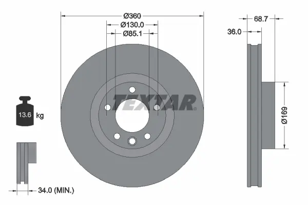 Диск гальмівний (передній) Porsche Cayenne 10-/VW Touareg 10-18 (360x36) (L) PRO+ TEXTAR 92262605 (фото 1)