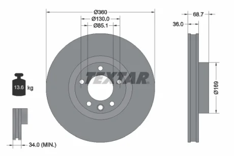 Диск гальмівний (передній) Porsche Cayenne 10-/VW Touareg 10-18 (360x36) (L) PRO+ TEXTAR 92262605