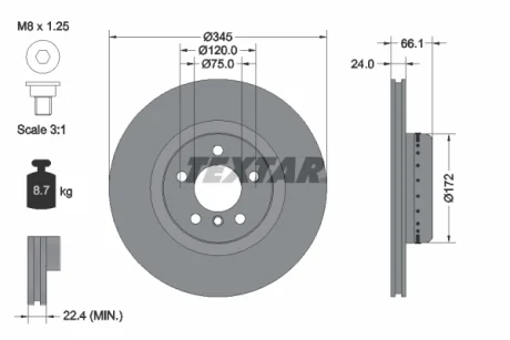Диск гальмівний (задній) BMW 1 (F20/F21)/3 (F30/F31)/4 (F32/F36) 11- (345x24) B37/N13/N47/N55 PRO+ TEXTAR 92265125