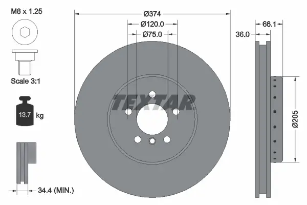 Диск гальмівний (передній) BMW 5/6/7 09- (374x36) (L) PRO+ TEXTAR 92266025 (фото 1)