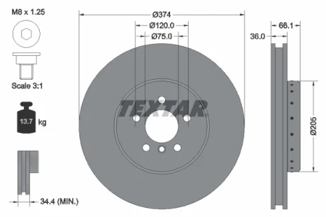 Диск гальмівний (передній) BMW 5/6/7 09- (374x36) (L) PRO+ TEXTAR 92266025