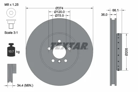 Диск гальмівний (передній) BMW 5/6/7 09- (374x36) (R) PRO+ TEXTAR 92266125