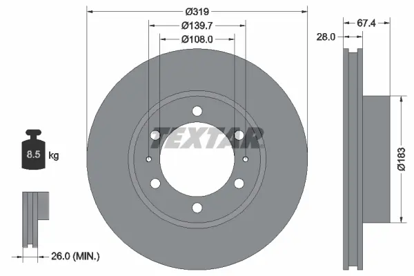 Диск гальмівний (передній) Toyota Hilux 06- (319x28) PRO TEXTAR 92274903 (фото 1)