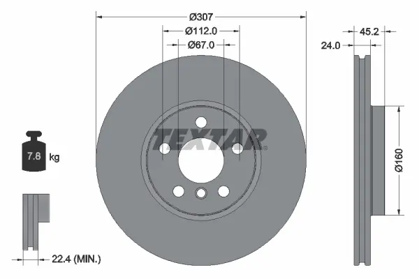 Диск гальмівний (передній) BMW 2 (F44-46)/X1 (F48) 13- (307x24) (замінено на 92283605) TEXTAR 92283603 (фото 1)