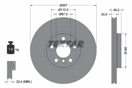 Диск гальмівний (передній) BMW 2 (F44-46)/X1 (F48) 13- (307x24) (замінено на 92283605) TEXTAR 92283603