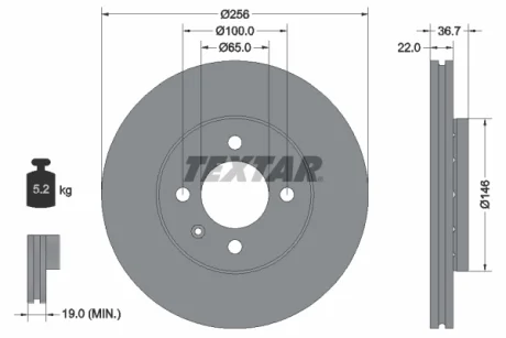 Диск гальмівний (передній) Skoda Citigo 1.0 11-19/VW Up 1.0 12- (256x22) PRO TEXTAR 92287003