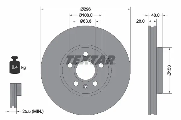 Диск гальмівний (передній) Volvo S60 III/S90 II/V60 II/V90 II-III 18- (296x28) PRO+ TEXTAR 92287505 (фото 1)