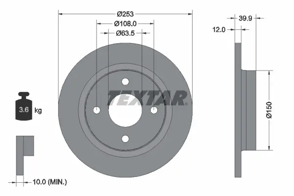 Диск гальмівний (задній) Ford Fiesta 17- (253x12) PRO TEXTAR 92292803 (фото 1)