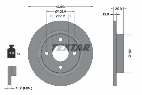 Диск гальмівний (задній) Ford Fiesta 17- (253x12) PRO TEXTAR 92292803