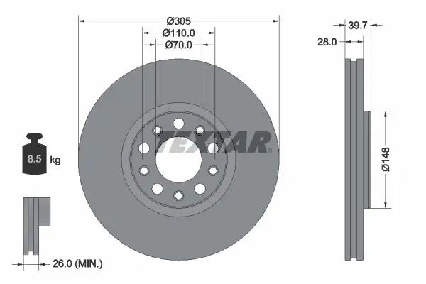 Диск гальмівний (передній) Fiat 500X/Jeep Compass/Renegade 14- (305x28) PRO TEXTAR 92293903 (фото 1)