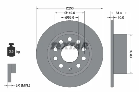 Диск гальмівний (задній) Skoda Octavia III 1.0-2.0 12- (253x10) PRO TEXTAR 92306603