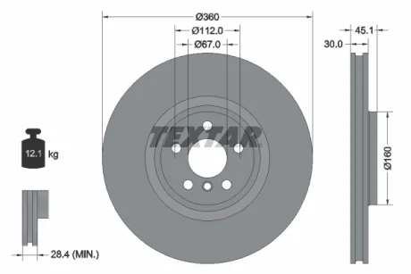 Диск гальмівний (передній) BMW X1 (F48)/X2 (F39) 14- (360x30) (R) B38/B47/B48 TEXTAR 92307203