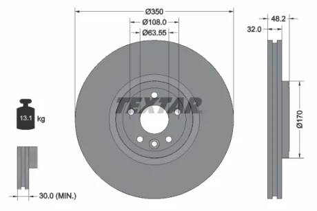 Диск гальмівний (передній) Land Rover Range Rover Velar 2.0/3.0 17- (350x32) PRO+ TEXTAR 92308205
