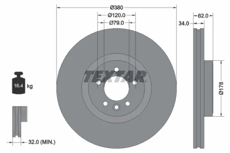 Диск гальмівний (передній) Land Rover Defender 19-/Discovery V 16-/Range Rover 12- (380x34) PRO+ TEXTAR 92316405