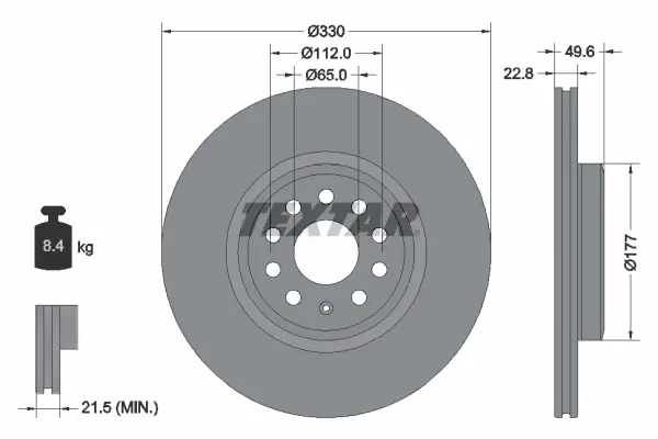 Диск гальмівний (передній) VW ID.3 (E11/E12) 19- (330x22.8) PRO TEXTAR 92327103 (фото 1)