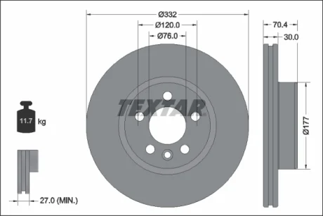 Диск гальмівний (передній) VW Multivan T7 21- (332х30) PRO+ TEXTAR 92345105
