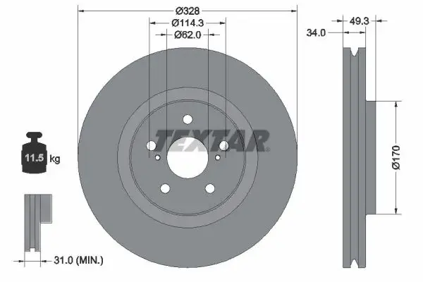 Диск гальмівний (передній) Lexus RX 2.0/3.5 15- (328x34) PRO+ TEXTAR 92349505 (фото 1)
