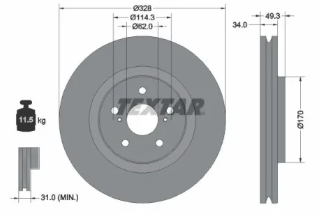 Диск гальмівний (передній) Lexus RX 2.0/3.5 15- (328x34) PRO+ TEXTAR 92349505