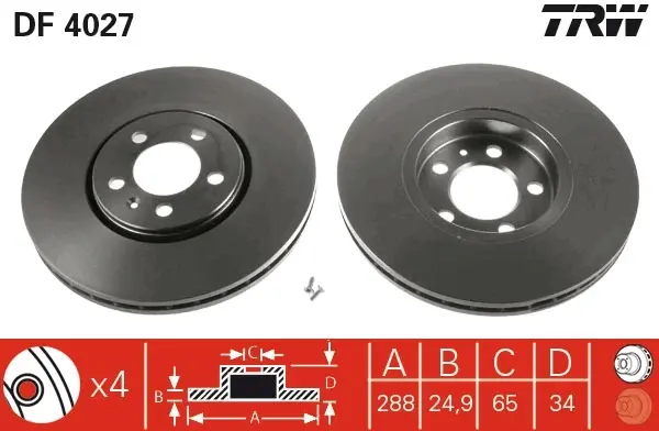 Диск гальмівний AUDI A3, SEAT TOLEDO, SKODA FABIA, OCTAVIA, VW передн., вент. (вир-во) TRW DF4027 (фото 1)