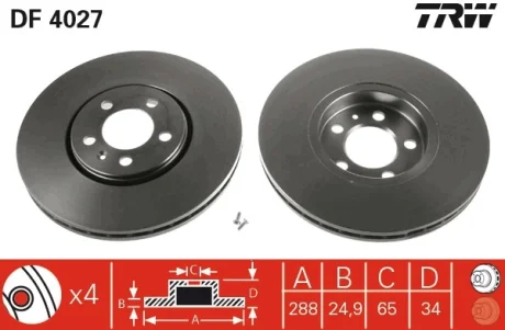 Диск гальмівний AUDI A3, SEAT TOLEDO, SKODA FABIA, OCTAVIA, VW передн., вент. (вир-во) TRW DF4027