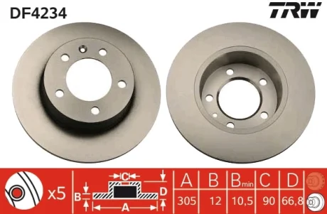 Диск гальмівний NISSAN, OPEL, RENAULT, задн. (вир-во) TRW DF4234