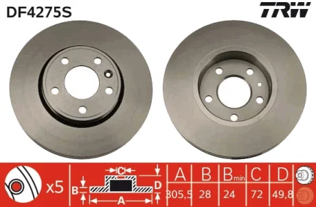 Диск гальмівний NISSAN, OPEL, RENAULT, передн., вент. (вир-во) TRW DF4275S