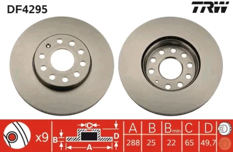 Диск гальмівний SEAT TOLEDO, SKODA YETI, VW GOLF VI передн. вент. (вир-во) TRW DF4295